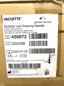 Vacuette Multiple Use Drawing Needle 21G X 1 Greiner Bio-One Case of 2000 or Box of 100