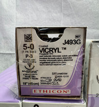 Load image into Gallery viewer, Ethicon Coated Vicryl 5-0 Suture P-3 Reverse Cutting 18" J493G - Box of 12 - 12/2028