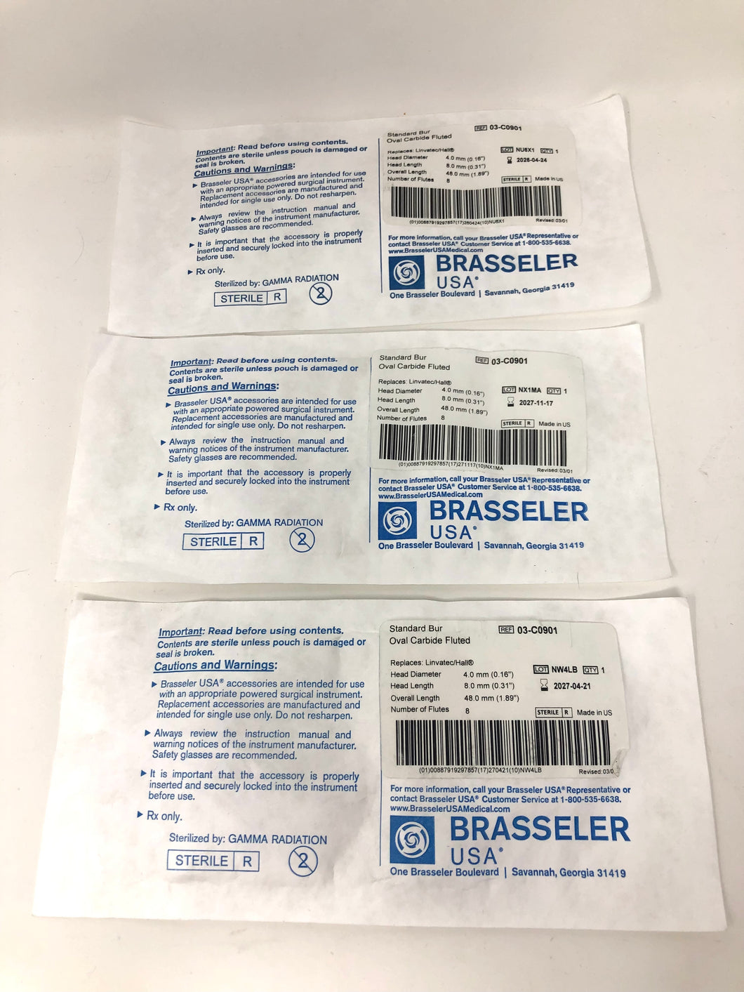 Brasseler Oval Carbide Fluted Bur Sterile Lot of 3 REF 03-CO901 EXP 2027