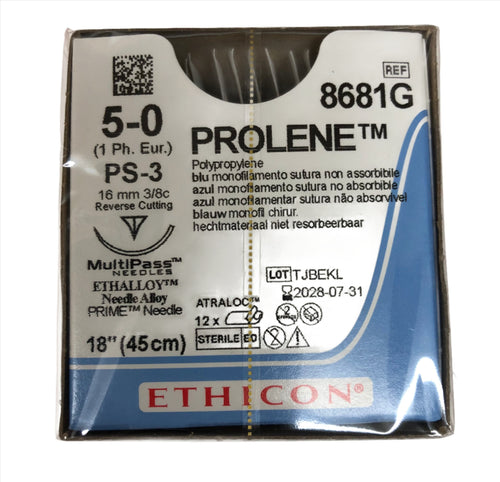 Ethicon 8681G PROLENE® Polypropylene Suture Size 5-0, Box of 12, EXP 2028