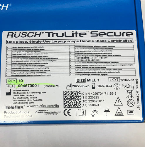 Rusch Trulite Secure one piece Teleflex Laryngoscope Handle-Blade Miller 1 Box of 10