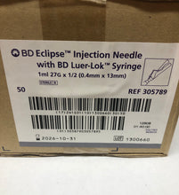 Load image into Gallery viewer, BD 305789 Eclipse™ Injection Needle w Luer-Lok Syringe 27G Case of 300 EXP 10/2026