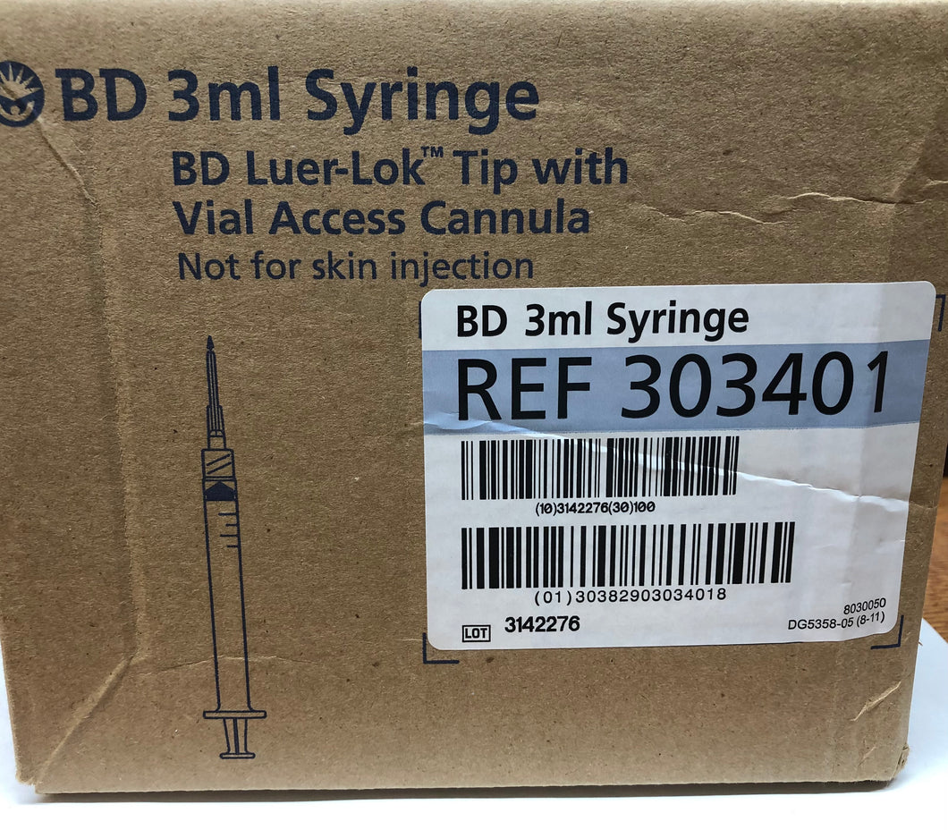 3 mL Syringe with Interlink Vial Access Cannula 100/Box or Case of 800 BD® 303401 EXP 2028