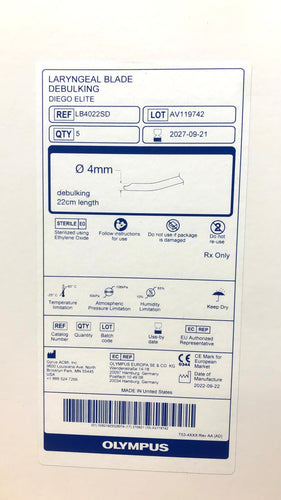 Olympus Laryngeal Blade Diego Elite LB4022SD 4mm Debulking 22cm L 5/Box EXP 9/2027