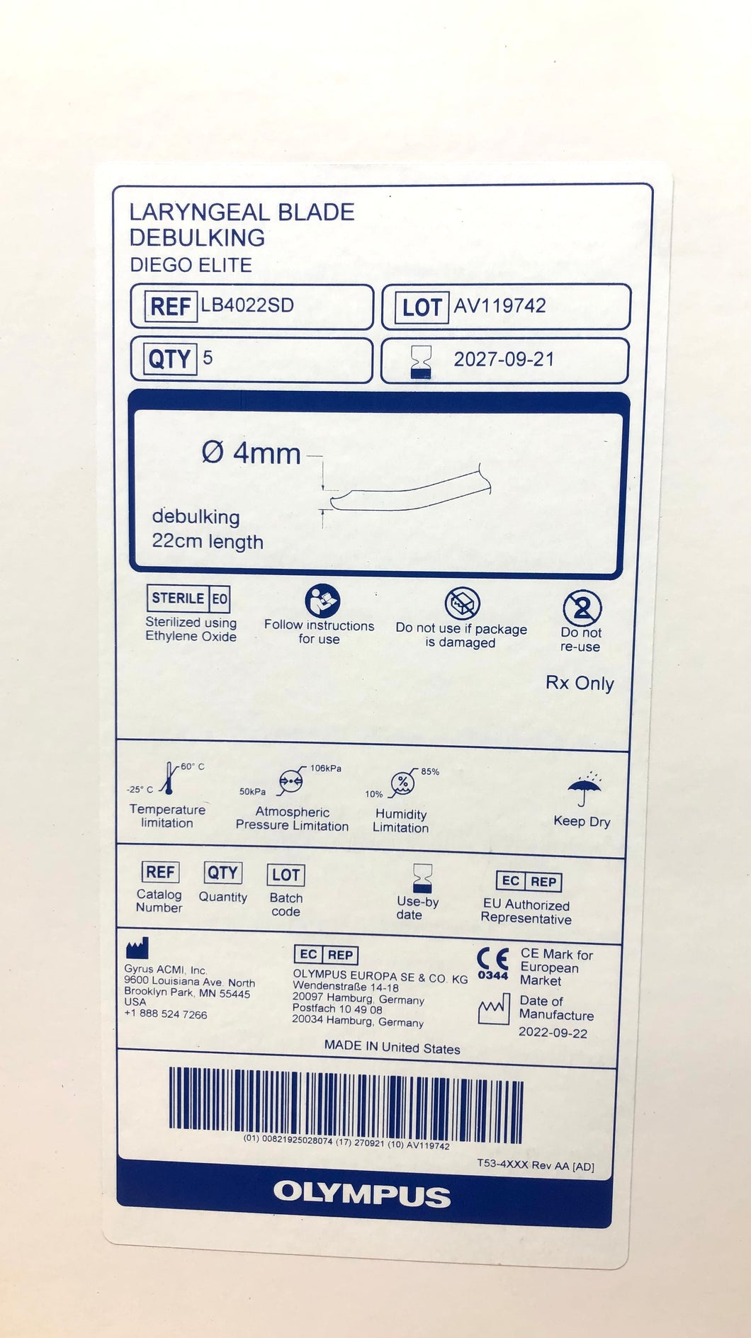 Olympus Laryngeal Blade Diego Elite LB4022SD 4mm Debulking 22cm L 5/Box EXP 9/2027