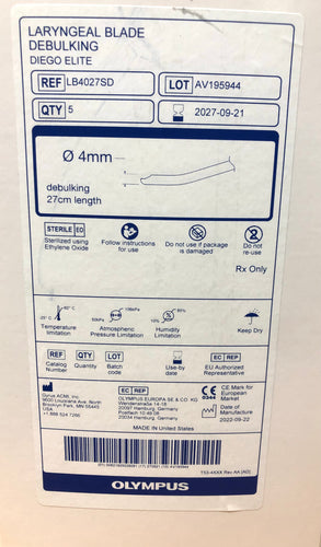 Olympus Laryngeal Blade Diego Elite LB4027SD 4mm Debulking 27cm L 5/Box EXP 9/2027 (Copy)