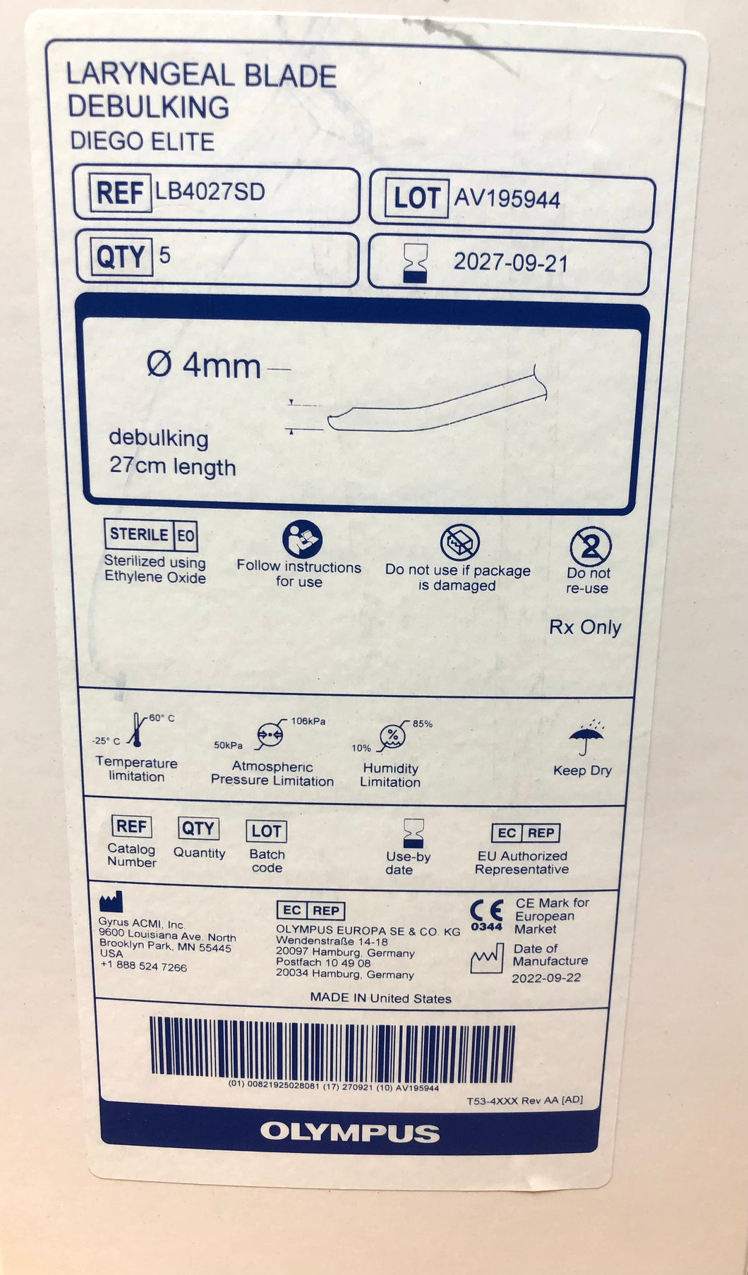 Olympus Laryngeal Blade Diego Elite LB4027SD 4mm Debulking 27cm L 5/Box EXP 9/2027 (Copy)