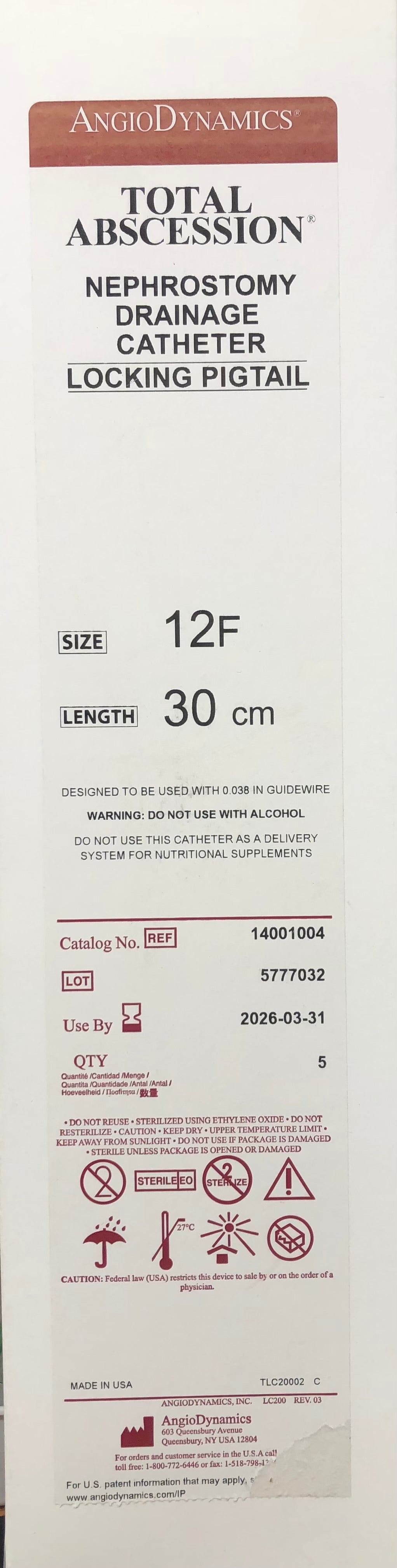 TOTAL ABSCESSION NEPHROSTOMY Drainage Catheter Locking Pigtail 12Fr x 30cm Box of 5