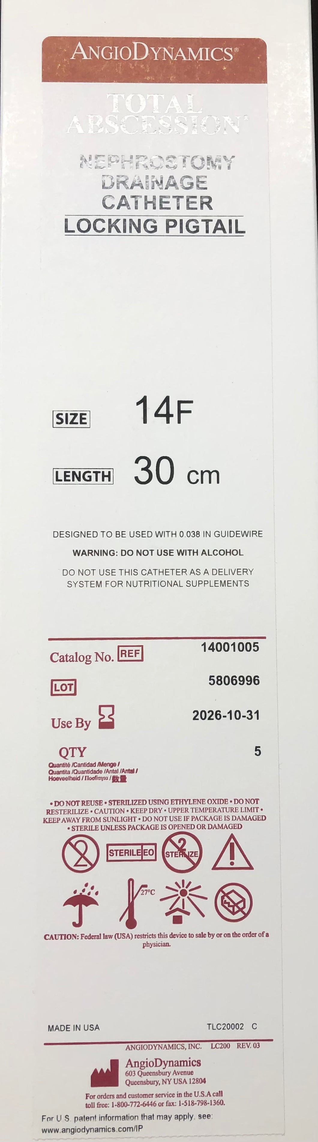 TOTAL ABSCESSION NEPHROSTOMY Drainage Catheter Locking Pigtail 14Fr x 30cm Box of 5 In Date