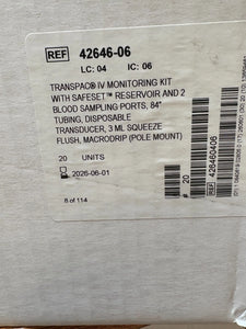 CASE OF 20 TRANSPAC MONITORING KIT 84” TUBING TRANSDUCER 42646-06 EXP 6/2026