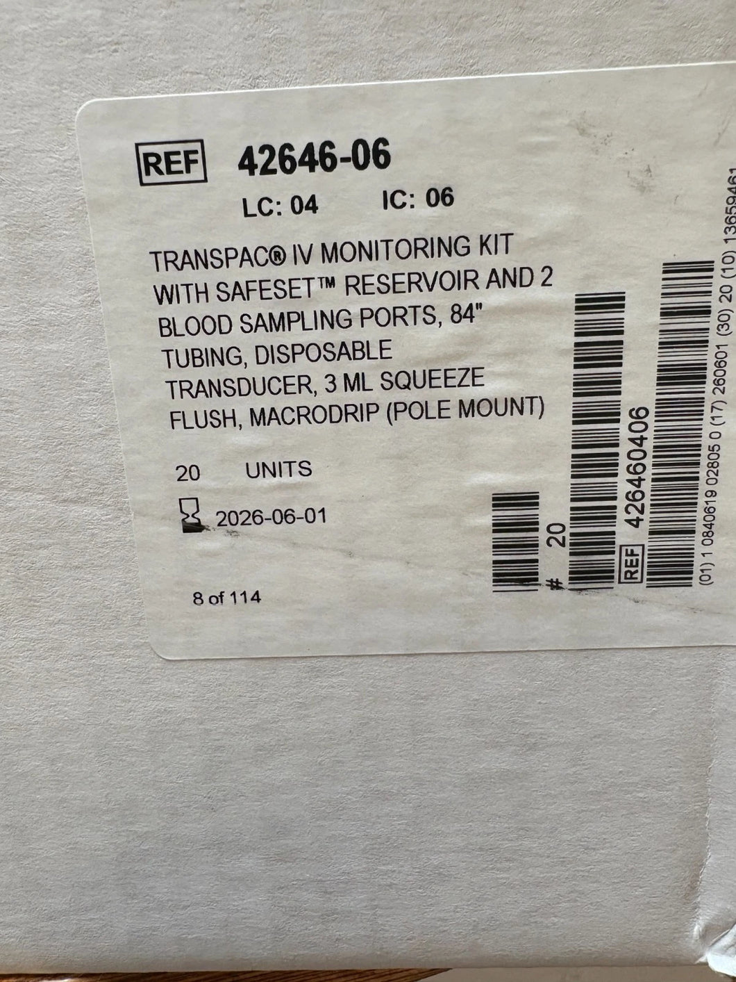 CASE OF 20 TRANSPAC MONITORING KIT 84” TUBING TRANSDUCER 42646-06 EXP 6/2026