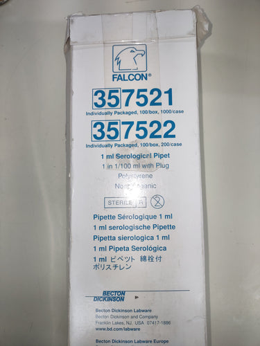 Falcon 1 ml Serological Pipet with Plug Lot of 100
